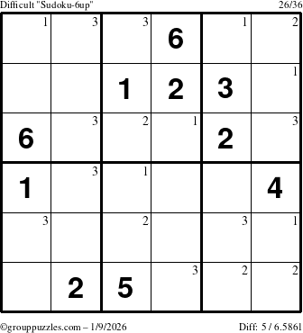 The grouppuzzles.com Difficult Sudoku-6up puzzle for Friday January 9, 2026 with the first 3 steps marked