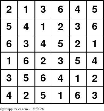 The grouppuzzles.com Answer grid for the Sudoku-6up puzzle for Friday January 9, 2026
