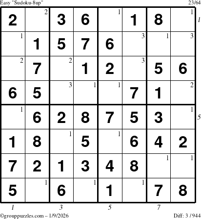 The grouppuzzles.com Easy Sudoku-8up puzzle for Friday January 9, 2026 with all 3 steps marked