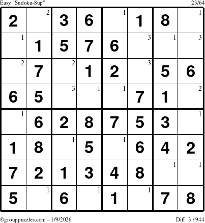 The grouppuzzles.com Easy Sudoku-8up puzzle for Friday January 9, 2026 with the first 3 steps marked