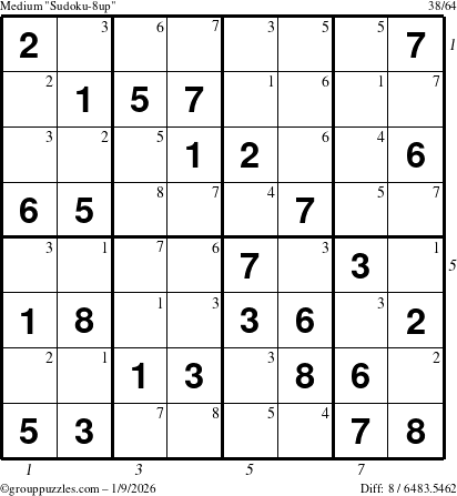 The grouppuzzles.com Medium Sudoku-8up puzzle for Friday January 9, 2026, suitable for printing, with all 8 steps marked