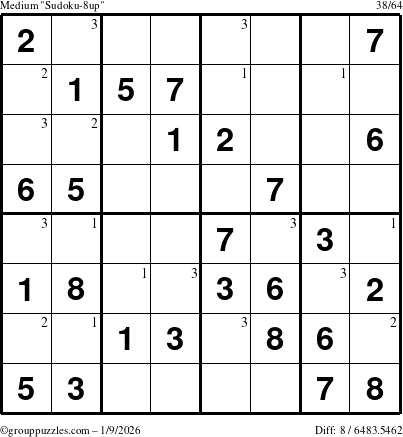 The grouppuzzles.com Medium Sudoku-8up puzzle for Friday January 9, 2026 with the first 3 steps marked