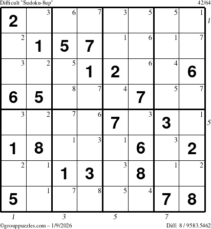 The grouppuzzles.com Difficult Sudoku-8up puzzle for Friday January 9, 2026 with all 8 steps marked