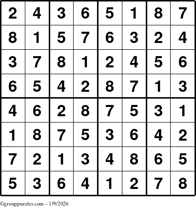 The grouppuzzles.com Answer grid for the Sudoku-8up puzzle for Friday January 9, 2026