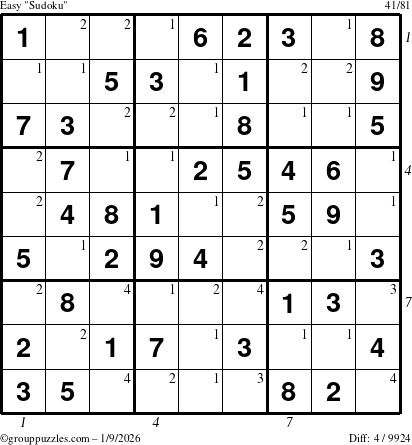 The grouppuzzles.com Easy Sudoku puzzle for Friday January 9, 2026 with all 4 steps marked