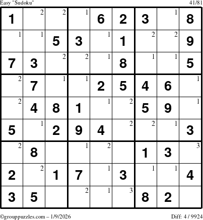 The grouppuzzles.com Easy Sudoku puzzle for Friday January 9, 2026 with the first 3 steps marked