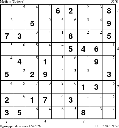 The grouppuzzles.com Medium Sudoku puzzle for Friday January 9, 2026, suitable for printing, with all 7 steps marked