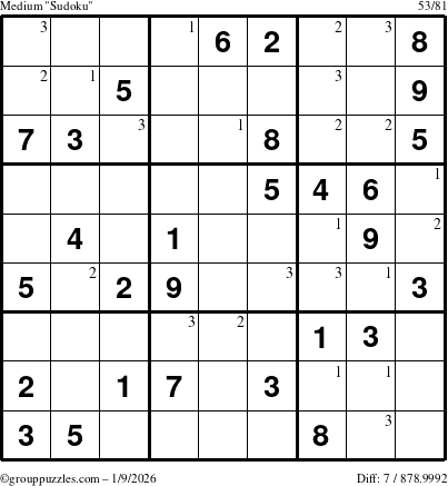 The grouppuzzles.com Medium Sudoku puzzle for Friday January 9, 2026 with the first 3 steps marked