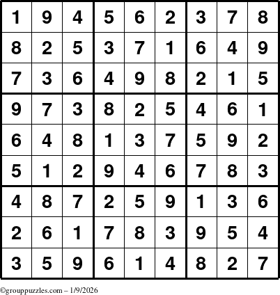 The grouppuzzles.com Answer grid for the Sudoku puzzle for Friday January 9, 2026