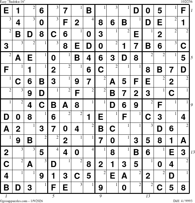 The grouppuzzles.com Easy Sudoku-16 puzzle for Friday January 9, 2026, suitable for printing, with all 4 steps marked