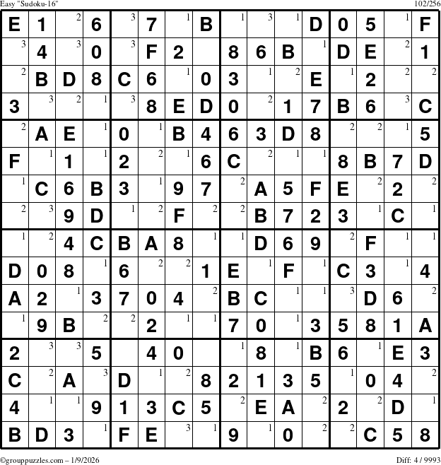 The grouppuzzles.com Easy Sudoku-16 puzzle for Friday January 9, 2026 with the first 3 steps marked