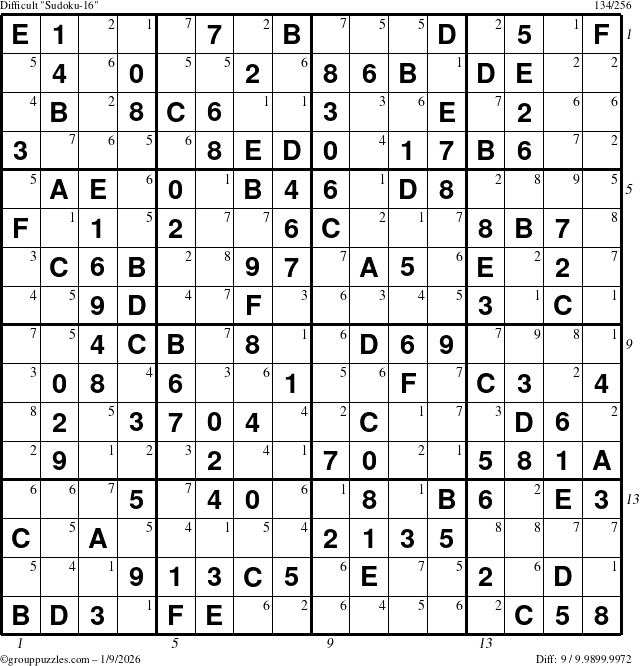 The grouppuzzles.com Difficult Sudoku-16 puzzle for Friday January 9, 2026, suitable for printing, with all 9 steps marked