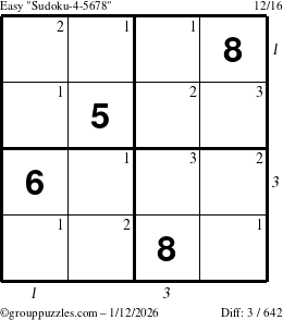 The grouppuzzles.com Easy Sudoku-4-5678 puzzle for Monday January 12, 2026, suitable for printing, with all 3 steps marked