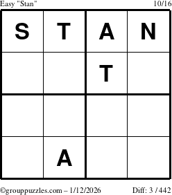 The grouppuzzles.com Easy Stan puzzle for Monday January 12, 2026