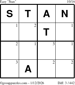 The grouppuzzles.com Easy Stan puzzle for Monday January 12, 2026 with the first 3 steps marked