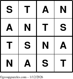 The grouppuzzles.com Answer grid for the Stan puzzle for Monday January 12, 2026