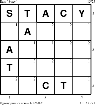 The grouppuzzles.com Easy Stacy puzzle for Monday January 12, 2026 with all 3 steps marked