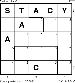 The grouppuzzles.com Medium Stacy puzzle for Monday January 12, 2026 with all 5 steps marked