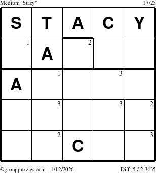 The grouppuzzles.com Medium Stacy puzzle for Monday January 12, 2026 with the first 3 steps marked