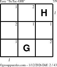 The grouppuzzles.com Easy TicTac-GHI puzzle for Monday January 12, 2026, suitable for printing, with all 2 steps marked