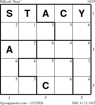 The grouppuzzles.com Difficult Stacy puzzle for Monday January 12, 2026 with all 6 steps marked