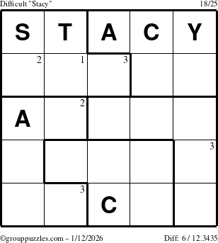 The grouppuzzles.com Difficult Stacy puzzle for Monday January 12, 2026 with the first 3 steps marked