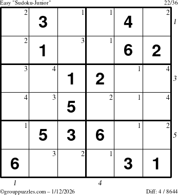 The grouppuzzles.com Easy Sudoku-Junior puzzle for Monday January 12, 2026, suitable for printing, with all 4 steps marked