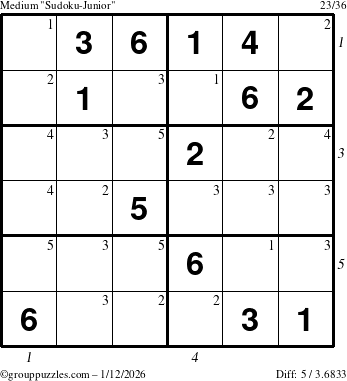 The grouppuzzles.com Medium Sudoku-Junior puzzle for Monday January 12, 2026 with all 5 steps marked