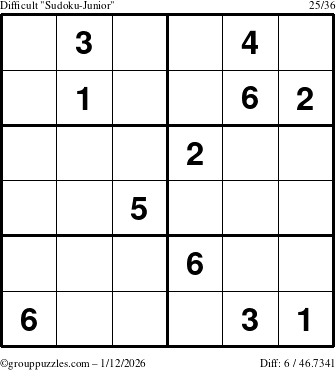 The grouppuzzles.com Difficult Sudoku-Junior puzzle for Monday January 12, 2026