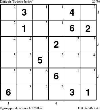 The grouppuzzles.com Difficult Sudoku-Junior puzzle for Monday January 12, 2026, suitable for printing, with all 6 steps marked