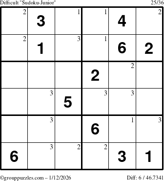 The grouppuzzles.com Difficult Sudoku-Junior puzzle for Monday January 12, 2026 with the first 3 steps marked