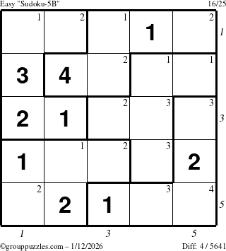 The grouppuzzles.com Easy Sudoku-5B puzzle for Monday January 12, 2026 with all 4 steps marked