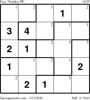 The grouppuzzles.com Easy Sudoku-5B puzzle for Monday January 12, 2026 with the first 3 steps marked