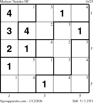 The grouppuzzles.com Medium Sudoku-5B puzzle for Monday January 12, 2026 with all 5 steps marked