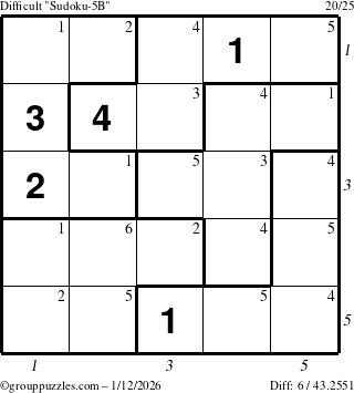 The grouppuzzles.com Difficult Sudoku-5B puzzle for Monday January 12, 2026 with all 6 steps marked