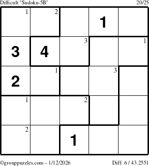 The grouppuzzles.com Difficult Sudoku-5B puzzle for Monday January 12, 2026 with the first 3 steps marked
