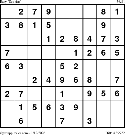 The grouppuzzles.com Easy Sudoku puzzle for Monday January 12, 2026
