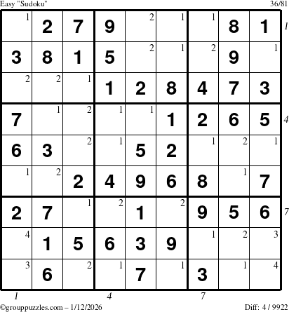 The grouppuzzles.com Easy Sudoku puzzle for Monday January 12, 2026, suitable for printing, with all 4 steps marked