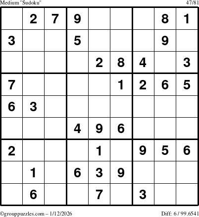 The grouppuzzles.com Medium Sudoku puzzle for Monday January 12, 2026