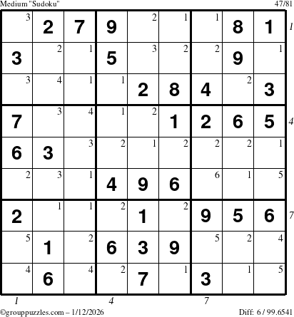 The grouppuzzles.com Medium Sudoku puzzle for Monday January 12, 2026, suitable for printing, with all 6 steps marked