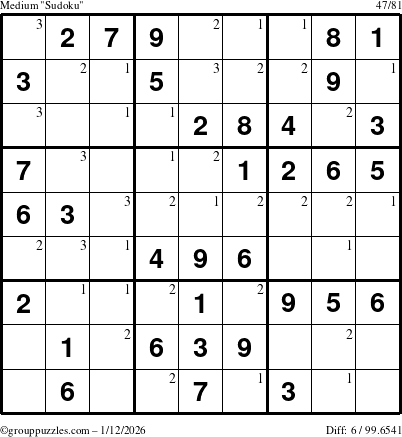 The grouppuzzles.com Medium Sudoku puzzle for Monday January 12, 2026 with the first 3 steps marked