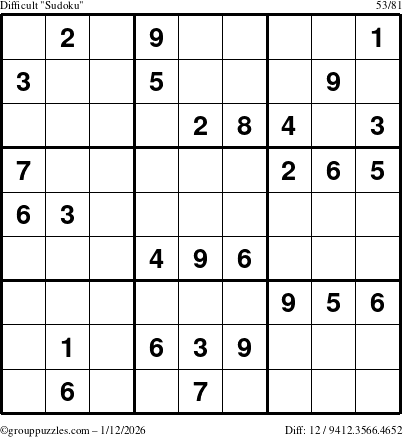 The grouppuzzles.com Difficult Sudoku puzzle for Monday January 12, 2026