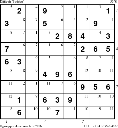 The grouppuzzles.com Difficult Sudoku puzzle for Monday January 12, 2026, suitable for printing, with all 12 steps marked