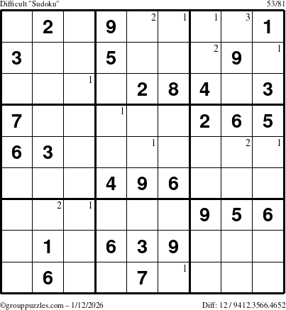 The grouppuzzles.com Difficult Sudoku puzzle for Monday January 12, 2026 with the first 3 steps marked
