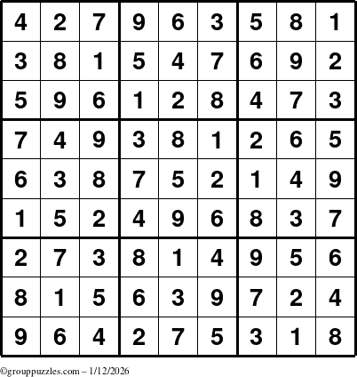 The grouppuzzles.com Answer grid for the Sudoku puzzle for Monday January 12, 2026