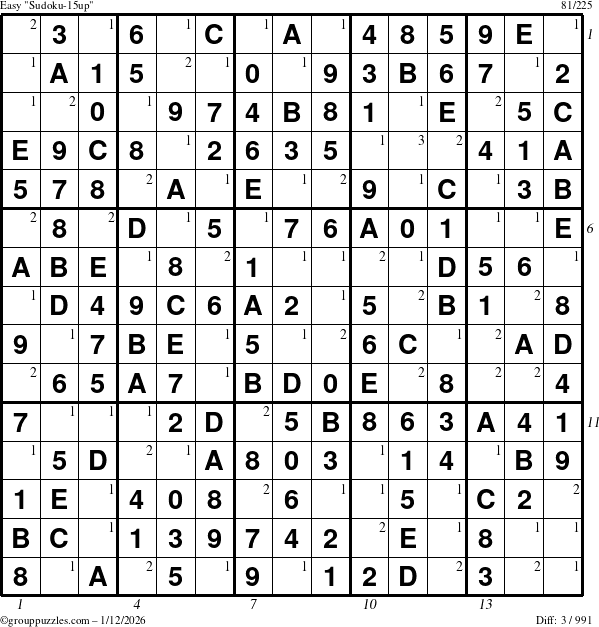 The grouppuzzles.com Easy Sudoku-15up puzzle for Monday January 12, 2026, suitable for printing, with all 3 steps marked
