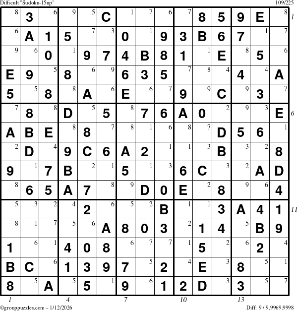 The grouppuzzles.com Difficult Sudoku-15up puzzle for Monday January 12, 2026 with all 9 steps marked