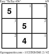 The grouppuzzles.com Easy TicTac-456 puzzle for Monday January 12, 2026 with the first 2 steps marked