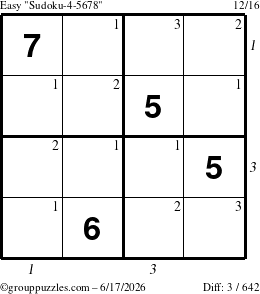 The grouppuzzles.com Easy Sudoku-4-5678 puzzle for Wednesday June 17, 2026, suitable for printing, with all 3 steps marked