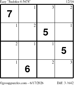 The grouppuzzles.com Easy Sudoku-4-5678 puzzle for Wednesday June 17, 2026 with the first 3 steps marked